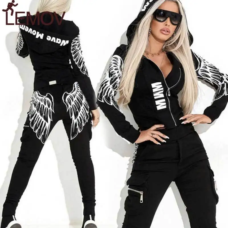 

2019 Tracksuit Wing Printed Two Piece Suit Women sport suits Basic Jacket Top Pencil Pant Suit running Set Hooded 2pcs Sportswea