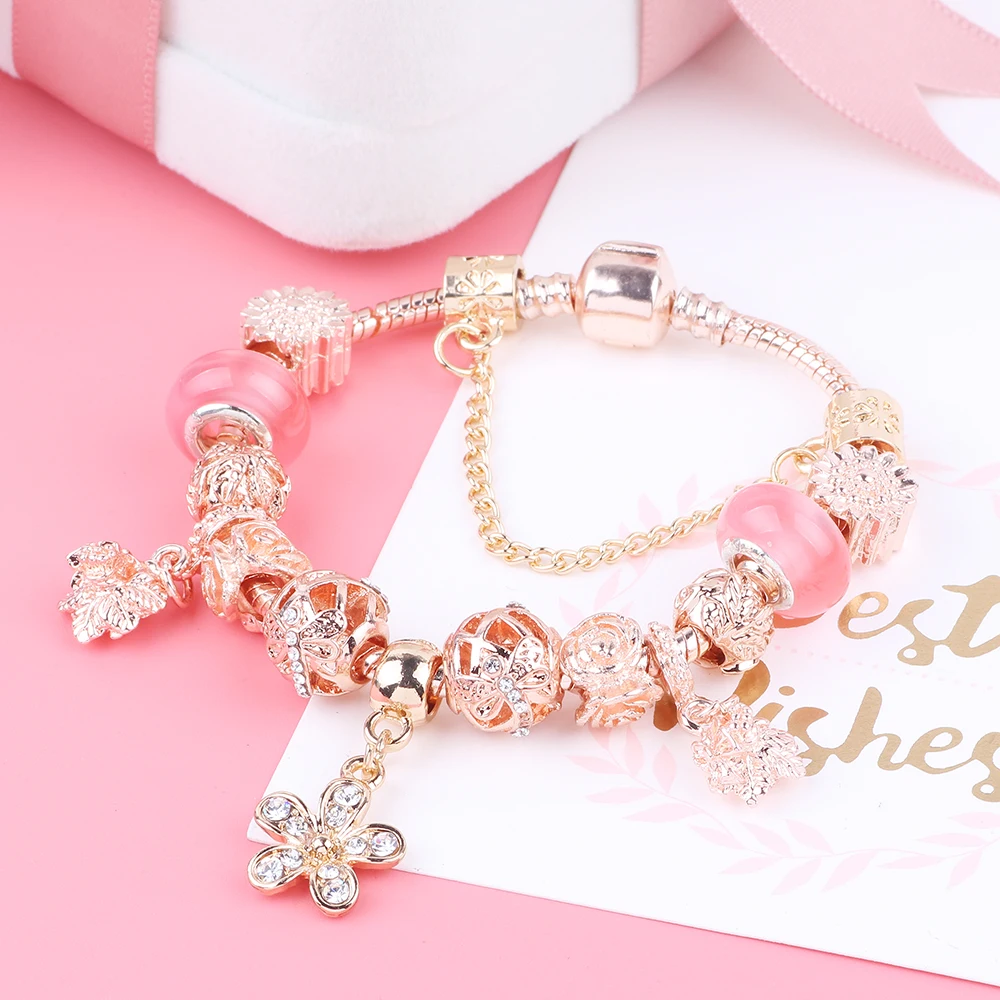 Dodocharms أصيلة الفضة زهرة كريستال خرز ذهبي سحر سوار للنساء مع سلسلة أمان غرامة سوار أفضل هدية