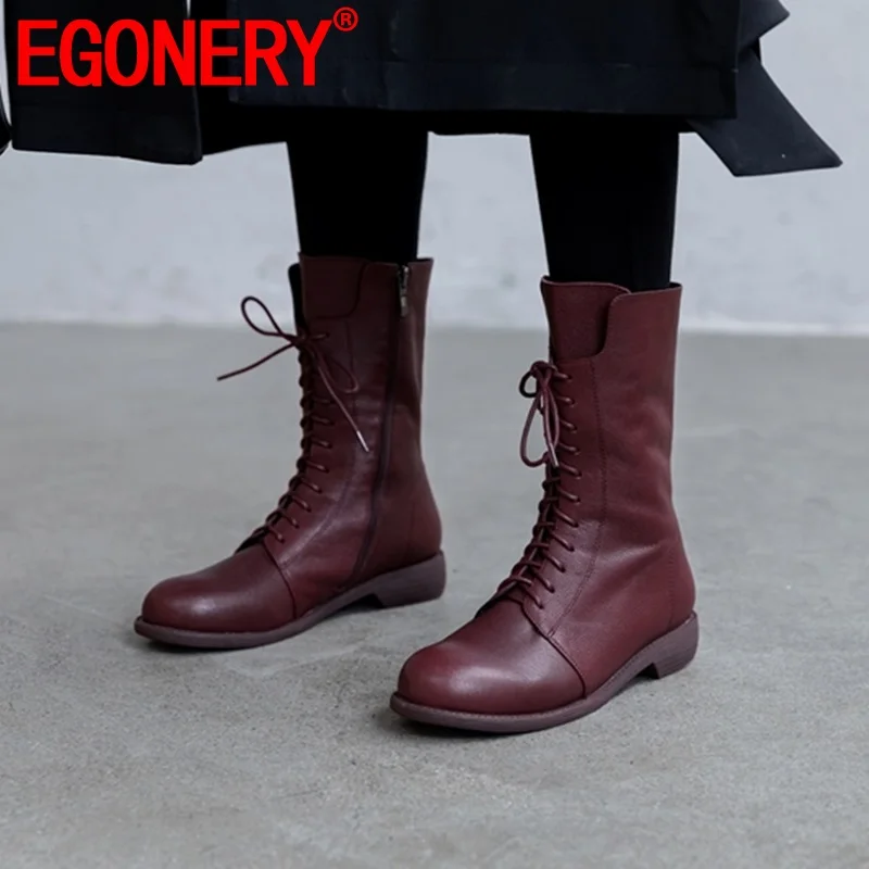

EGONERY brand desige sheepskin low heel casual comfortable mid calf boots new lace up round toe shoes side zipper office boots
