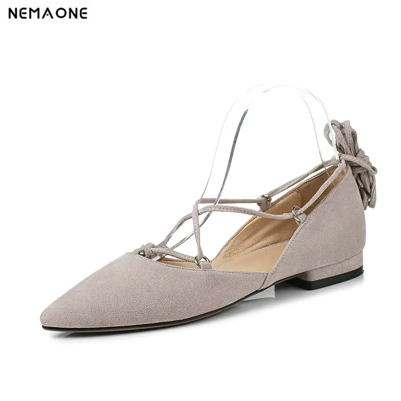 

NEMAONE 2019 Women Pumps lace up Women Shoes Platform Square Low Heel Flock Buckle Pointed Toe Women Pumps Size 34-43