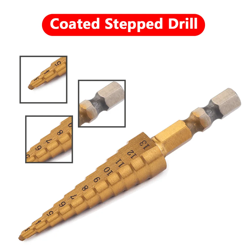 3-13 мм HSS титановое покрытие ступенчатое сверло электроинструменты твердосплавное сверло мини сверло набор 1/4 Шестигранная ручка