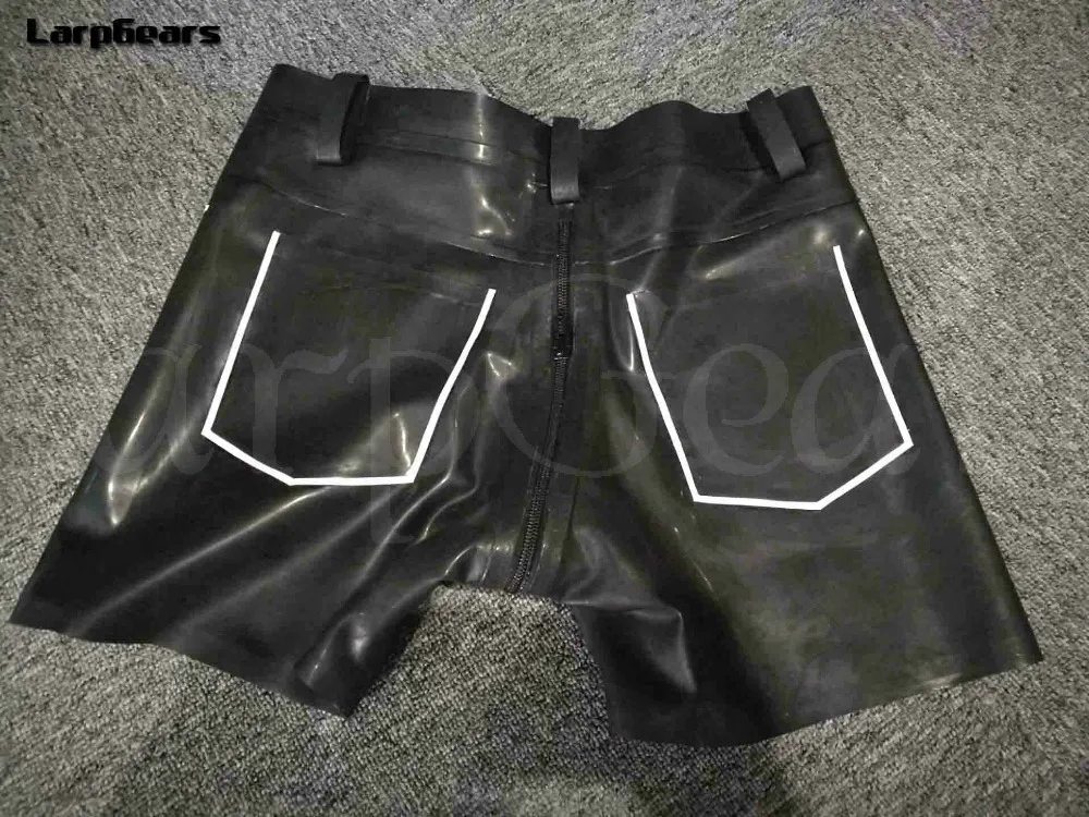 !!! Black with White Strip Latex boxer shorts with 2 back pockets Crotch Zipper