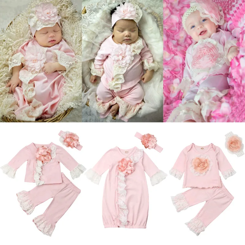 

Newborn Baby Girls Sleepwear Robes Blanket Lace 3D Flower Tops Pants Headband Baby Girls Clothes Set for Newborn Photo Shoot
