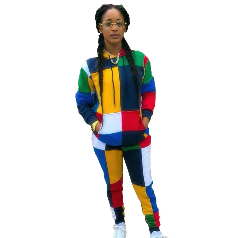 

Woman Contrast Color 2 Piece Set Pockets Hoodies Sweatshirts And Pants Casual Tracksuit Long Sleeve Color Block Suit