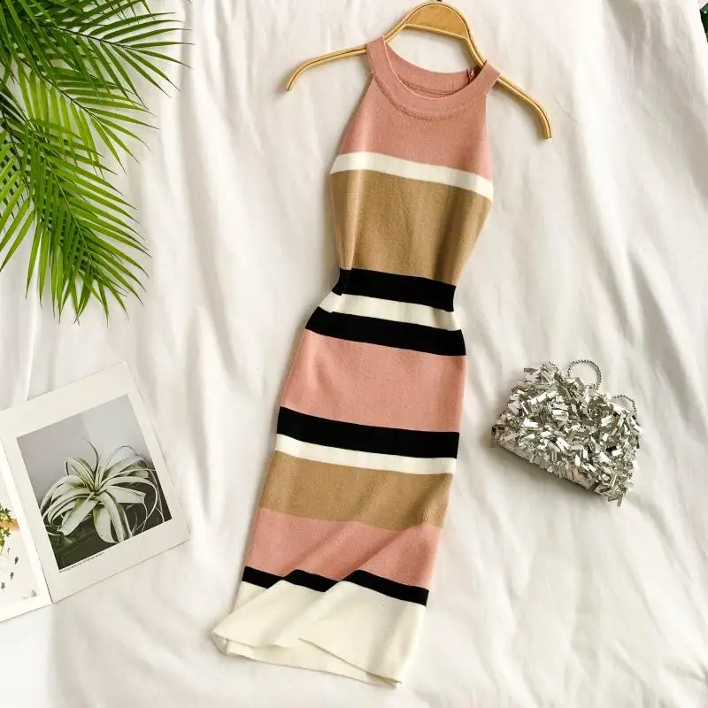 

New Slim Ladies Halter Neck Striped Print Knit Bodycon Summer Mini Short Dress Party Elastic Women Casual Tank Sheath Vestidos