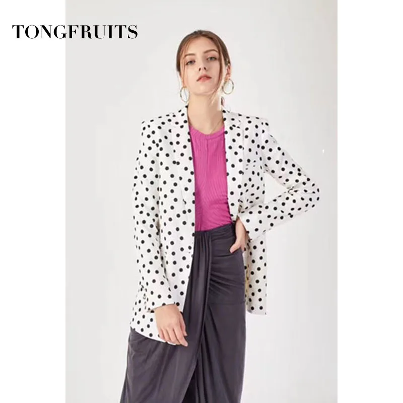 

Autumn Work Suit Ol Single Button Blazer Coat Black And White Dot Printed Notched Jacket High Street Party Women's Suit Cloth