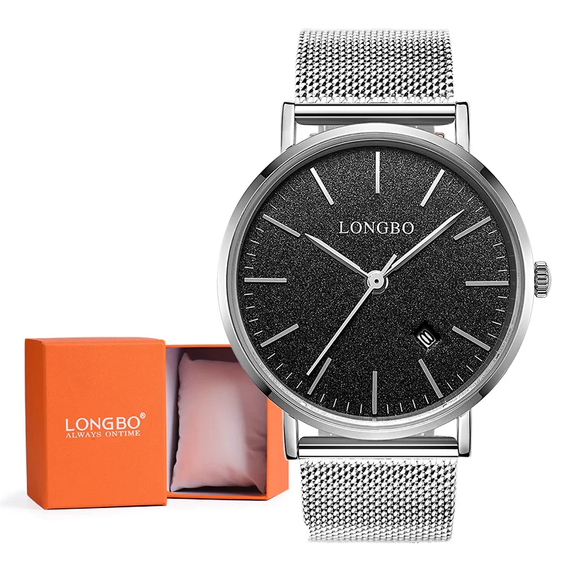 LONGBO, роскошные часы для влюбленных, для мужчин и женщин, автоматический календарь, сетка, нержавеющая сталь, регулируемый ремешок, кварцевые часы, Montre Homme 5009 - Цвет: Black Men with box