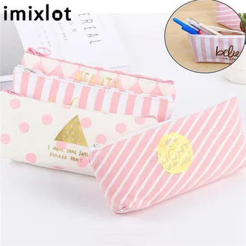 

Imixlot 1 Pc Pink Color Printed Dot Stripe Canvas Makeup Pouch Pen Cosmetic Organizer Storage Bags Home Supplies