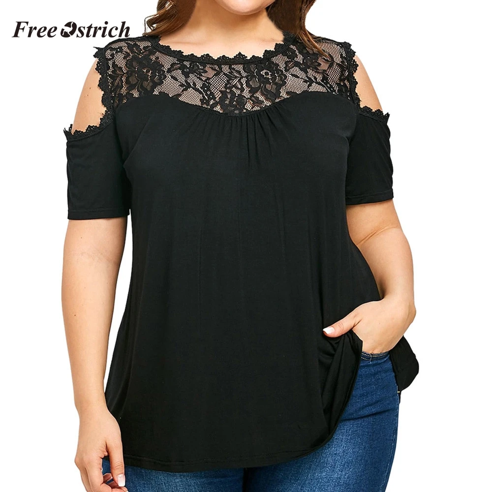 Free Ostrich T shirt Women tops Plus Size Cold Shoulder Strapless Lace Short Sleeve T-shirt Tops tee femme 619 | Женская одежда