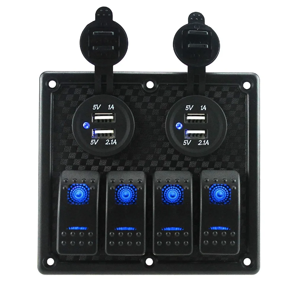 DC 12V 24V 4 Gang Toggle Rocker Switch Panel with Double 3.1A Dual USB