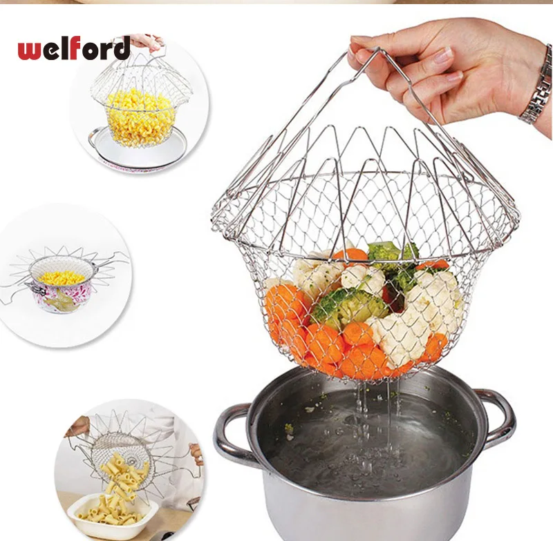 Foldable Collapsible Colander Mesh Basket Steam Rinse Fry French Chef