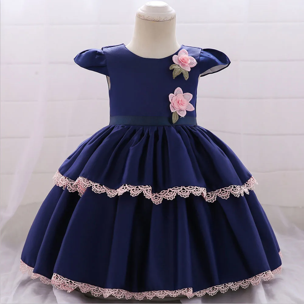 Navy blue Платье принцессы для малышей; коллекция года; летнее свадебное платье; праздничные платья на день рождения для детей 1 года; платья для крещения с лепестками для маленьких девочек - Цвет: Navy blue