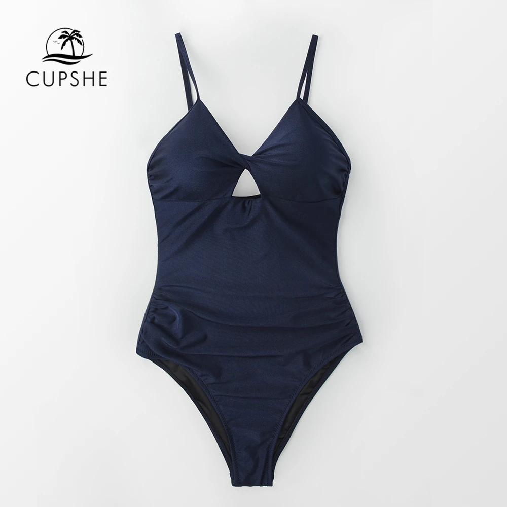 Billig CUPSHE Navy Twist Vorder One stück Badeanzug Frauen Solide Ausschnitt Monokini Badeanzüge 2020 Mädchen Strand Bademode