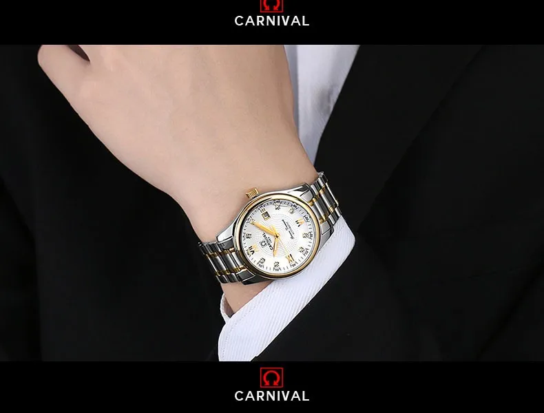 Карнавал мужские деловые светящиеся тритиевые автоматические механические наручные часы-золотой ободок белый циферблат