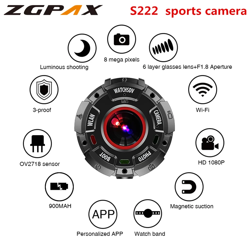 

2K Action Camera S222 Smart Watch With Waterproof case and HD wide-angle lenses Tough Screen Wifi Version Sports Camera