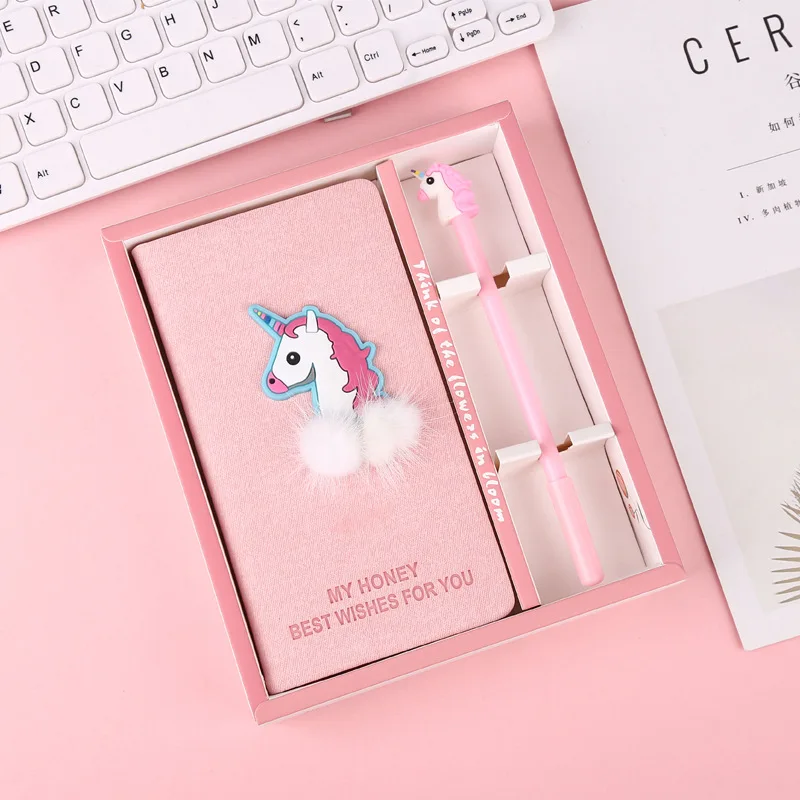 

New Arrival Cute Blue Unicorn Cactus Notebook gel pen set with box Weekly Planner School Office Supplies Kawaii Stationery