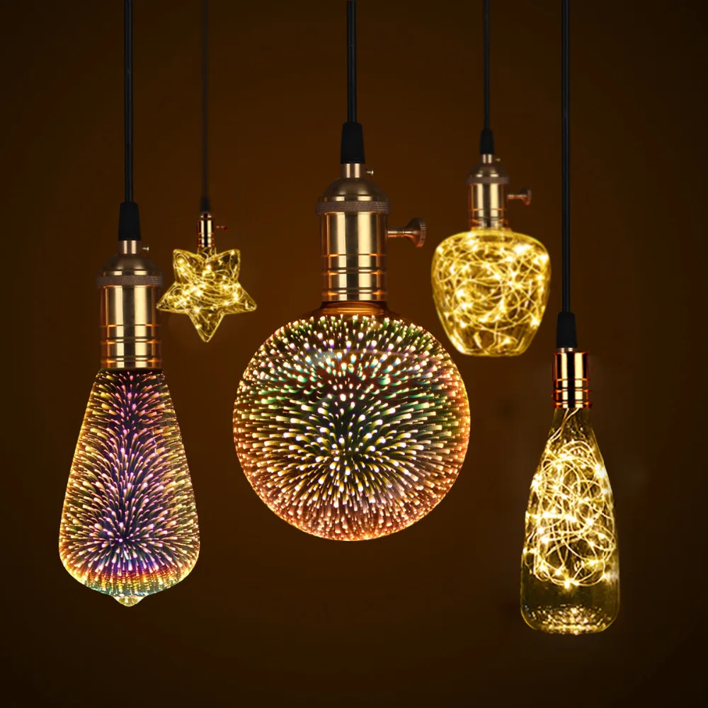 

3D Fireworks Effect Vintage Incandescent Bulbs E27 110V-220V Retro Edison lamp Filament light Copper Wire String home Decoration