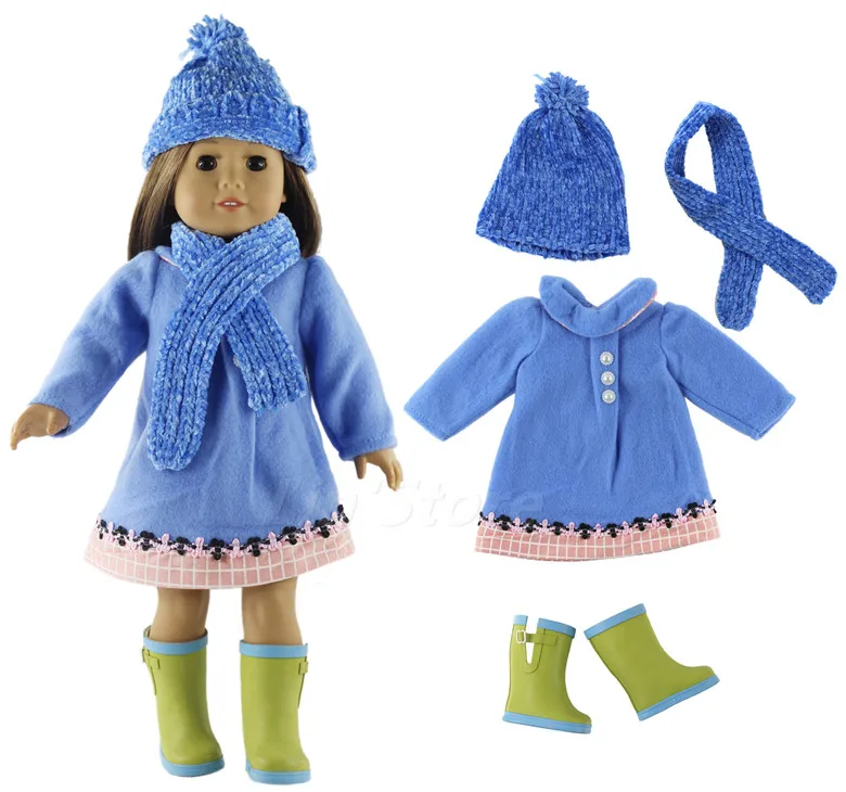 Хит, 6в1 набор одежды для куклы, синее пальто+ шапка+ шарф+ обувь+ носки+ сумка для 18 дюймов, американская кукла, одежда ручной работы, наряд