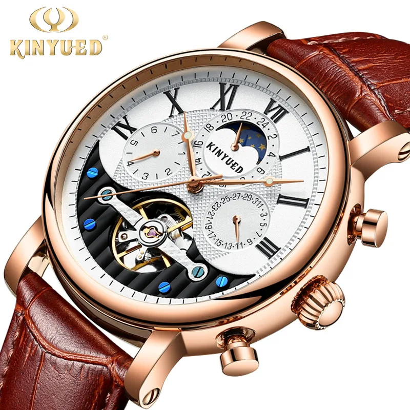 

KINYUED Creative Automatic Men Watches 2019 Luxury Brand Moon Phase Mens Mechanical Watch Skeleton Rose Gold Horloges mannen