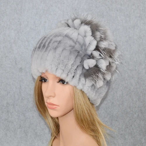 Новинка Россия женский Настоящий мех кролика Skullies шапки Роскошные вязаные цветы натуральный мех кролика рекс шапка зимние шапки из натурального меха - Цвет: color 14