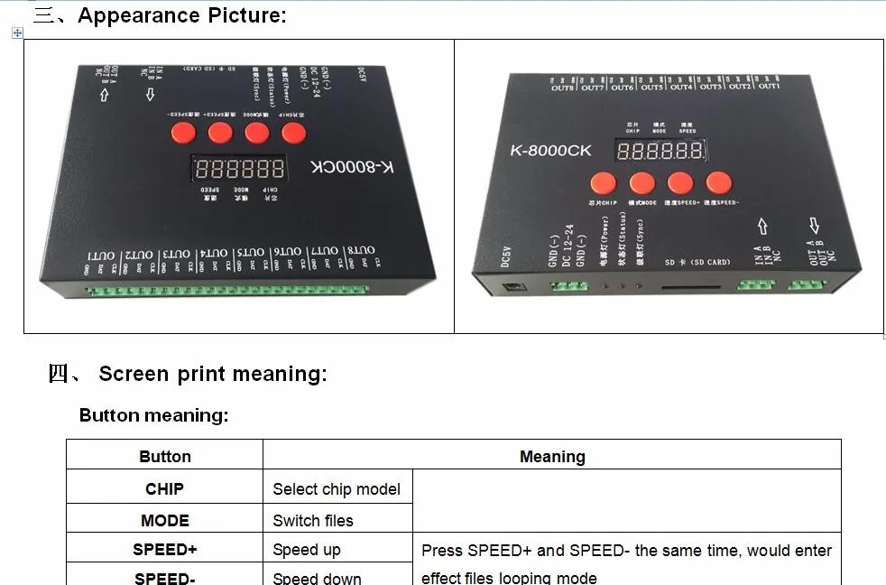 K-8000CK(обновленная версия T-8000), sd-карта светодиодный контроллер пикселей; off-line; выход сигнала spi: 1024 пикселей* 8 портов = 8192 пикселей
