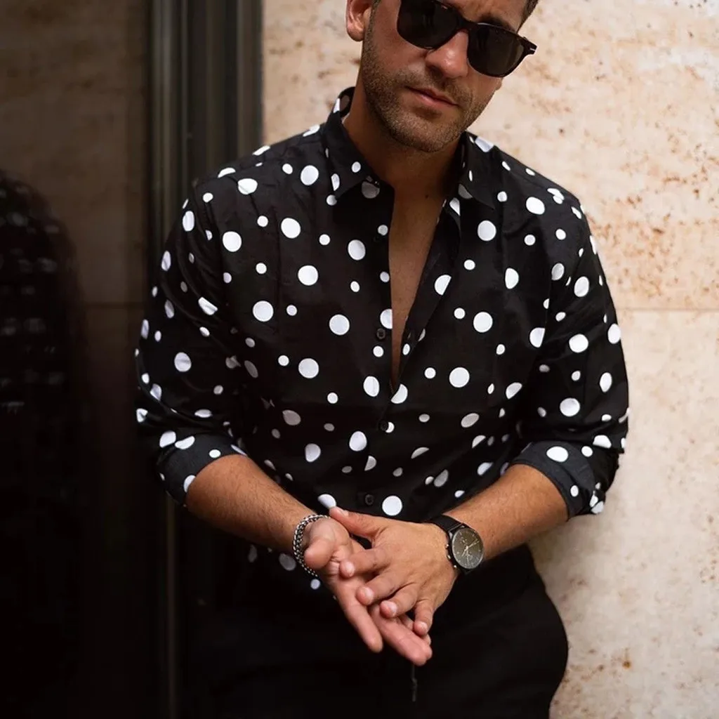 

England Style Fashion Polka Dot Print Shirt Men Summer Long Lseeve Men Luxury Shirt Black Casual Loose Mens Shirts Camisetas GG