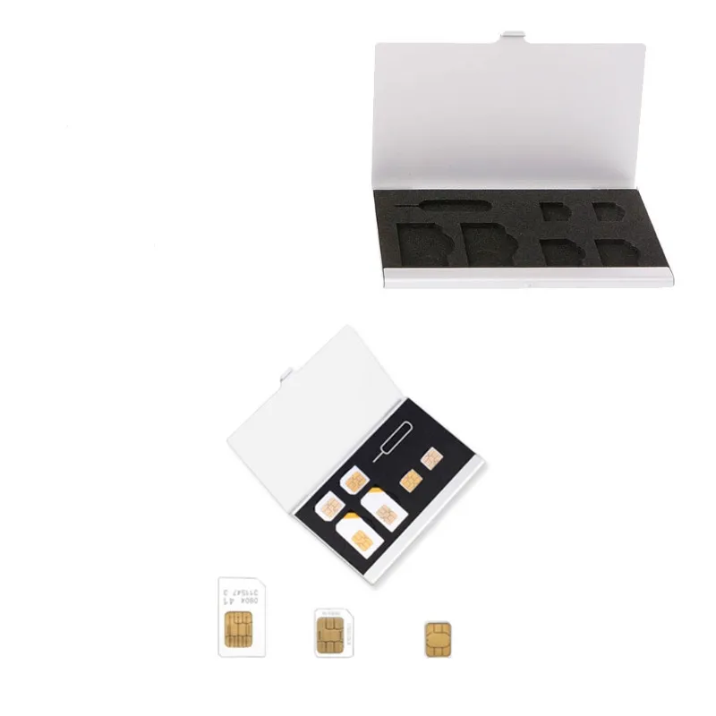 

Monolayer Aluminum Alloy 1 Card Pin + 6 SIM Card Holder Protector Storage Box Case Silver