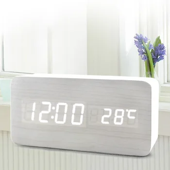 

M.Sparkling wooden digital LED clock rectangle thermometer alarm clock sound control table desktop clock big numbers clock