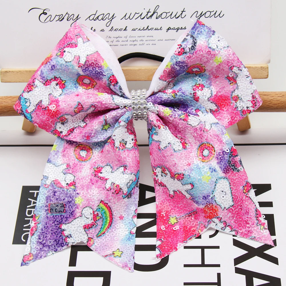 

AHB 2019 NEW Sequin Unicorn Print Cheer Bows for Girls with Hair Elastic Band Rhinestones Cute Cartoon Hair Bows Girls Headwear