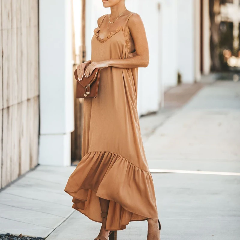 

2019 Fashion Dress Summer Noodle Straps Loose Shift Maxi Dress Women Flounce Backless Ruffles Vocation Dress