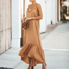 2019 Fashion Dress Summer Noodle Straps Loose Shift Maxi Dress Women Flounce Backless Ruffles Vocation Dress flounce swim dress set