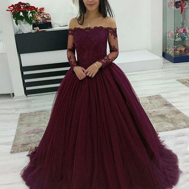 Burgundy Long Sleeve Quinceanera Dresses Ball Gown Off Shoulder Prom Debutante Sixteen 15 Sweet 16 Dress vestidos de 15 anos