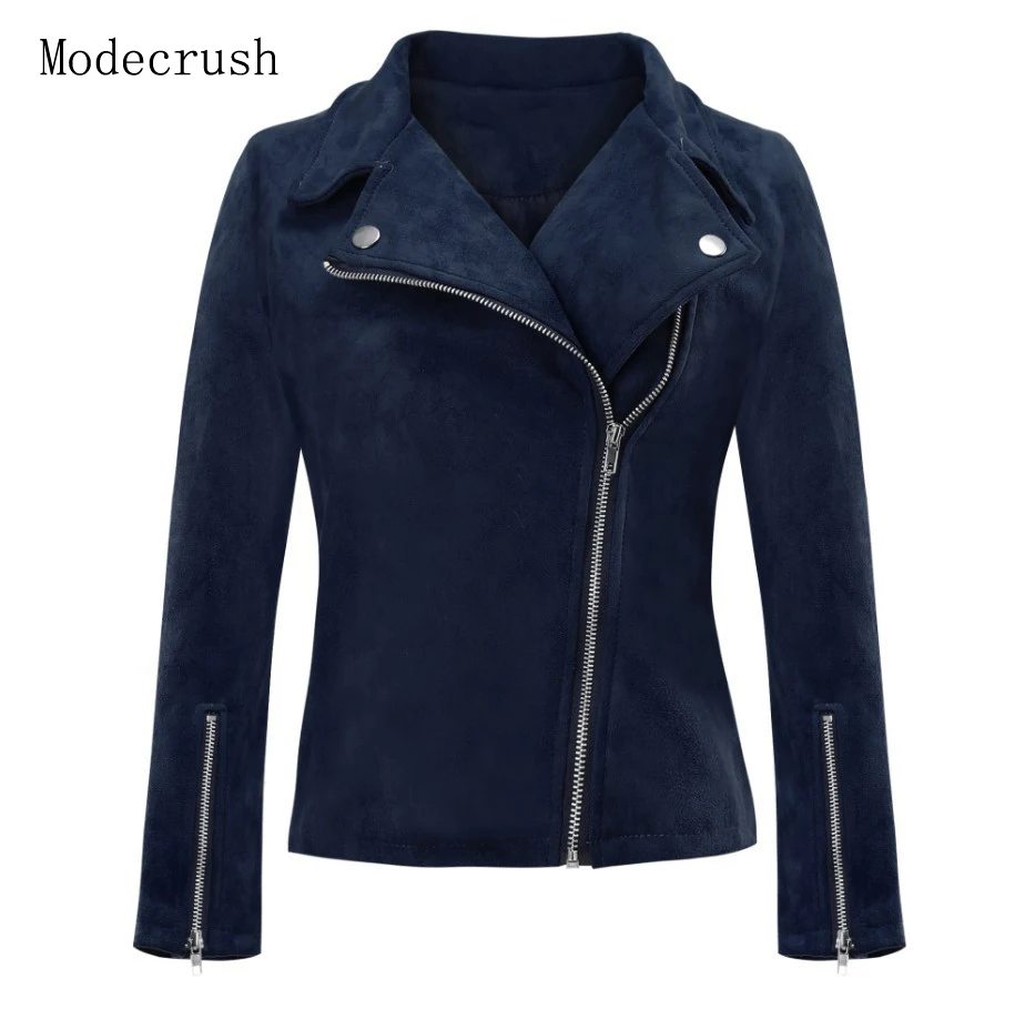 Modecrash Женская куртка из искусственной замши на молнии с отложным воротником, Осень-зима, Новое поступление, верхняя одежда размера плюс - Цвет: Синий
