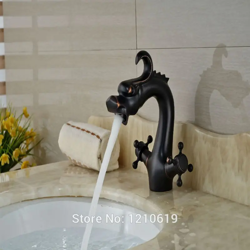 

Newly Oil Rubbed Bronze Bathroom Basin Faucet Dragon Head Sink Mixer Tap Dual Handles Single Hole