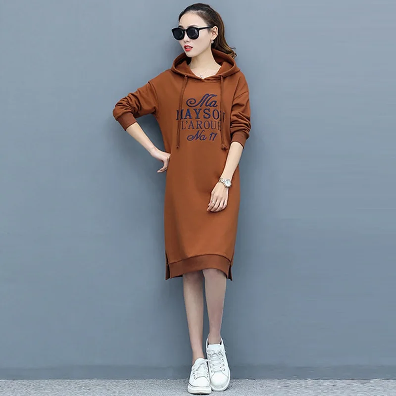 2018 Autumn Winter Women Long Hoodies Hooded Sweatshirt Letter Dress