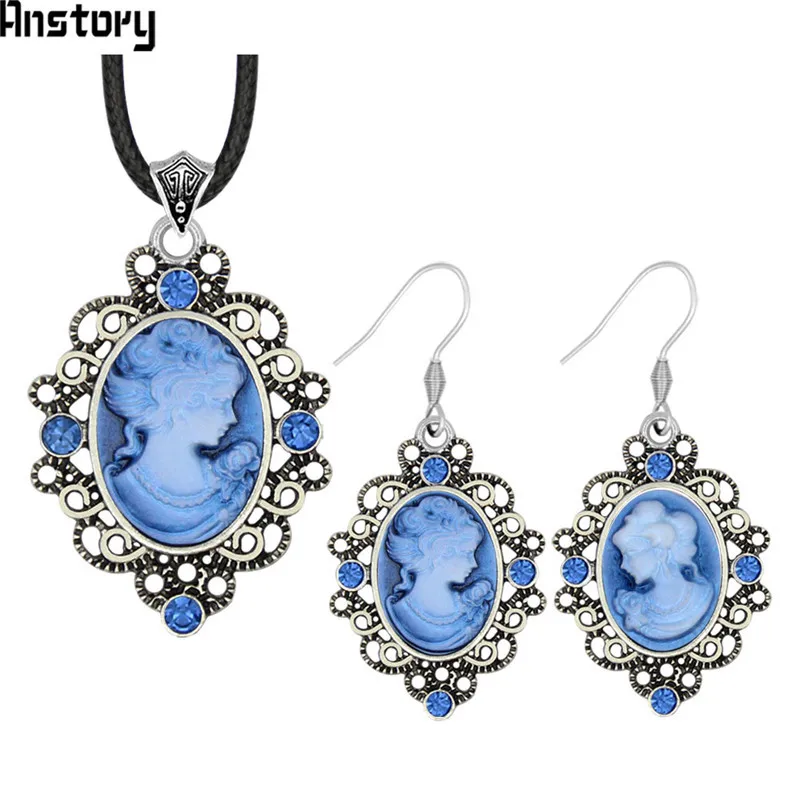 Oval Lady Queen Cameo Crystal Jewelry Set Antique Silver Plated Necklace Earrings Bracelet Fashion Jewelry TS463