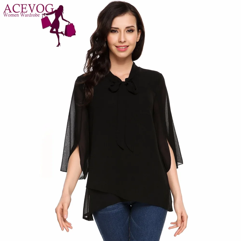 

ACEVOG Women Chiffon Blouse Blusas Autumn Split Half Sleeve Hollow Out Asymmetrical Hem Double Layers Bow Lace-up Shirt Top