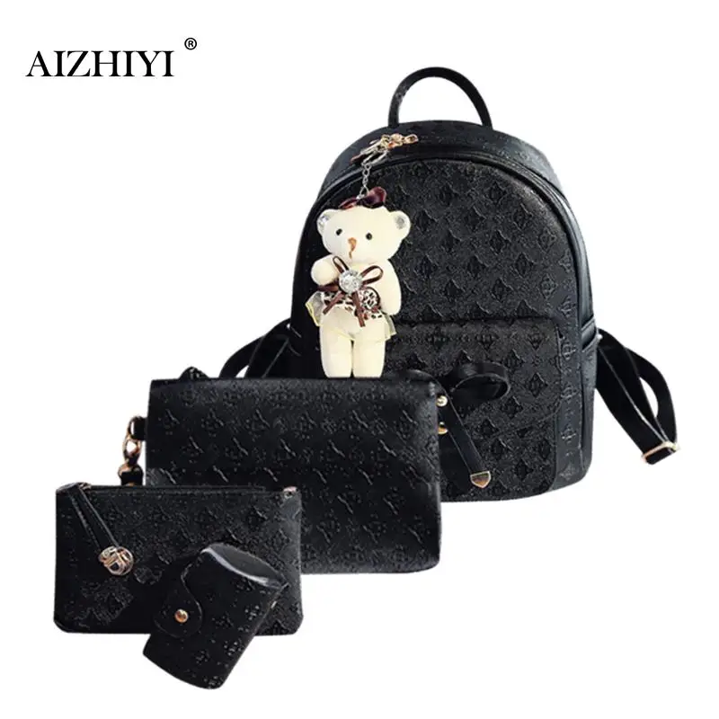 

4pcs/set Women Fashion Backpack PU Leather Teenage School Bag Casual Clutch Crossbody Travel Bags for Girls with Purse and Bear
