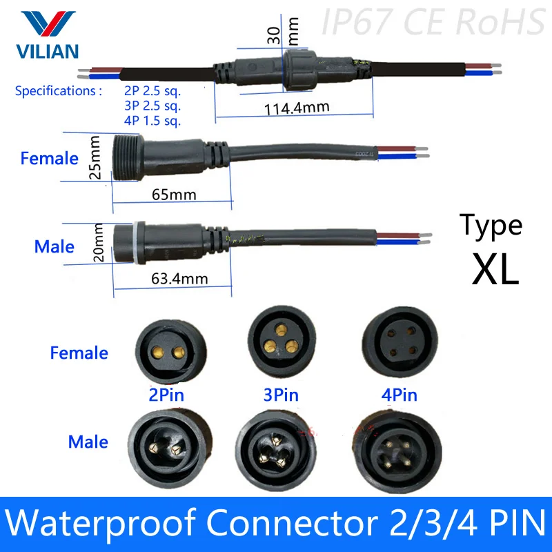 5 пар водонепроницаемый разъем тока 8A/12A/20A 2 pin/3 pin/4 pin с проводным кабелем IP67