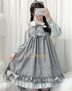 dress and headwear Косплей Аниме Лолита костюм хаки/серый британский плед платье кружева лук милые девушки взрослый Лолита японский сладкий принцесса платье девушка - Цвет: dress and headwear