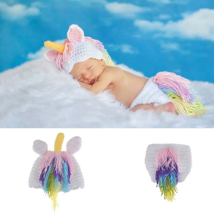 Crochet Unicorn Costume Outfit Newborn Rainbow Unicorn Photography Prop Baby Hat and Diapre Cover Set Infant Shower Gift (3)