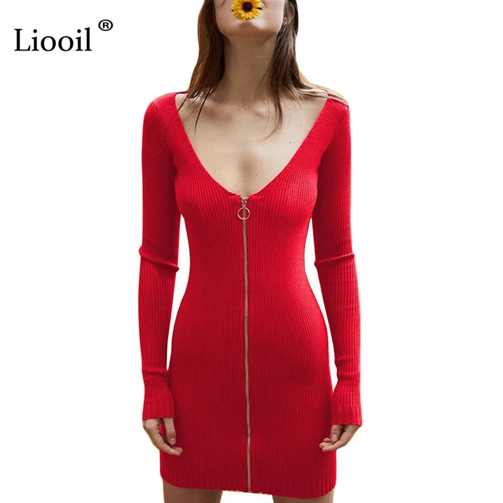

Liooil Sexy Knit Mini Dress Women Clothes Autumn Winter Casual Zip Up Red Black Dress Long Sleeve V Neck Party Bodycon Dresses