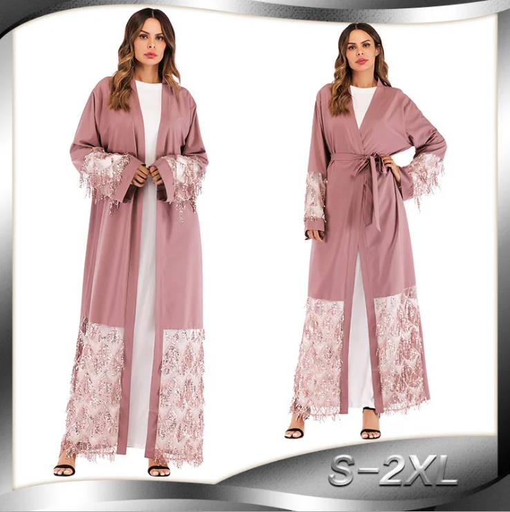 

Muslim Sequins Mesh Nida Abaya Maxi Dress Cardigan Long Robe Gowns Jubah Kimono Ramadan Arab Islamic Kaftan Worship Service