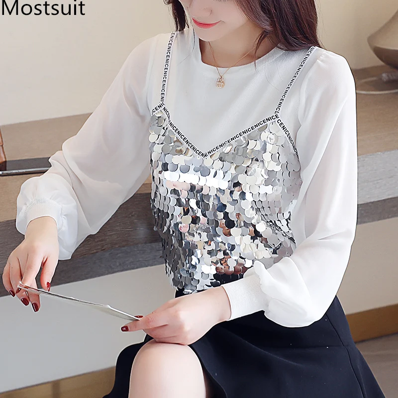

New Arrival Spring Sequins Beading Fake Two Pieces Blouses Women White Grey Chiffon Tops Elegant Korean Pullovers Blusas 2019