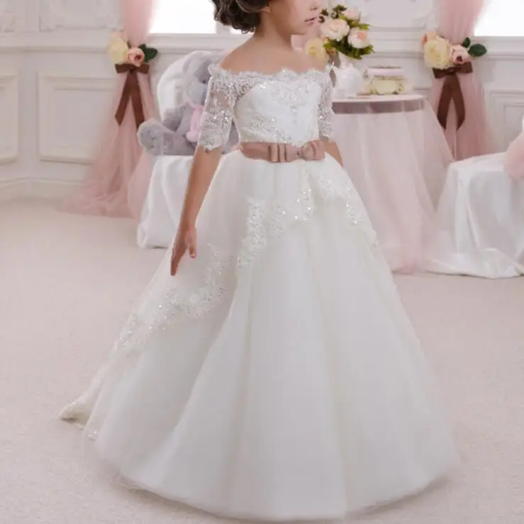 

2016 Princess Flower Girl Dresses with Bow Half Sleeves Party Pageant Communion Dress Little Girl Kid/Children Dress for Wedding