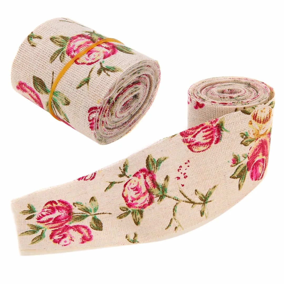 1pc 3M Vintage Rose Floral Print Burlap Hessian Ribbon Fabric Wedding Craft Decors DIY Candy Jars Table Napkin