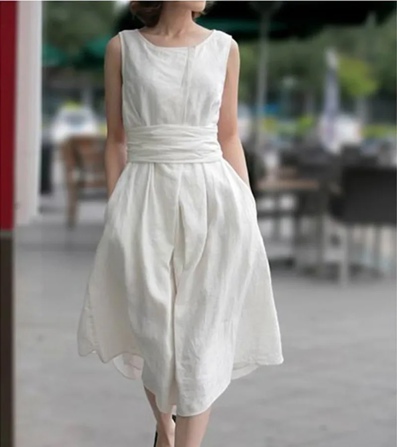 

Free Shipping 2016 Summer Linen Cotton One-piece Plus Size S-XL Vest Sleeveless ol Dresses For Women Elegant Lady Long Mid-calf
