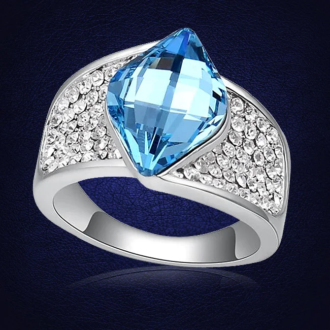 

Luxury Blue Crystals from Swarovski Olivary Ring Fashion Silver Plated Jewelry Wedding Rings For Women Birthday Stone Gifts