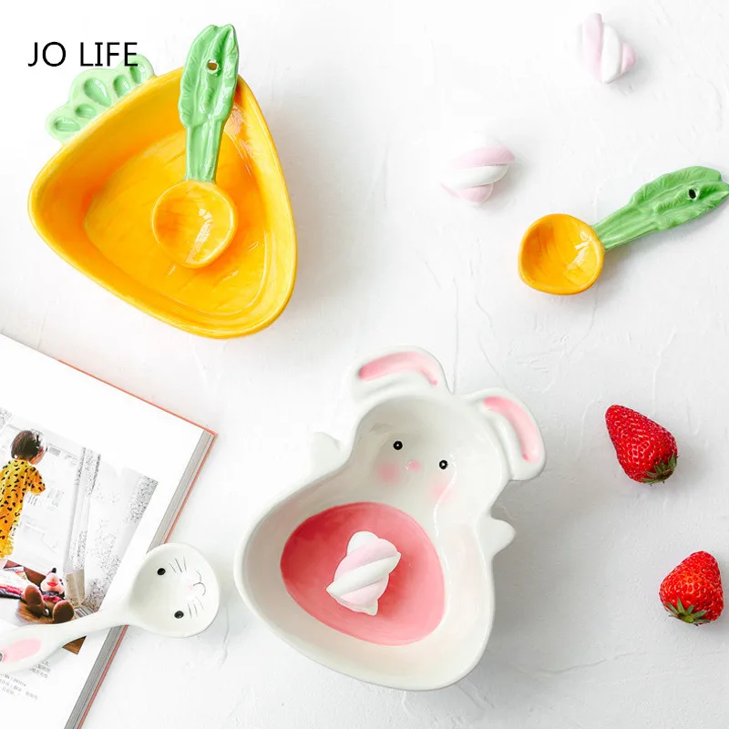 

JO LIFE Creative Cartoon Ceramic Tableware Carrot Plate Bowl Rabbit Spoon Bunny Tray Children Fruit Bowl