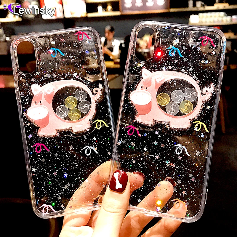 

piggy bank silicone case for iphone7 8 Plus 6 6s Cute animal liquid cover cases for iphone X XS MAX XR glitter back Capa funda